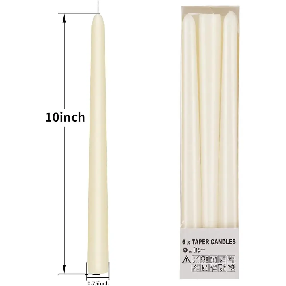 10 Inch Ivory Taper Candles Set of 6, Long-Burning 8 Hours, Smokeless & Unscented, Ideal for Christmas, Weddings, Birthdays, Din