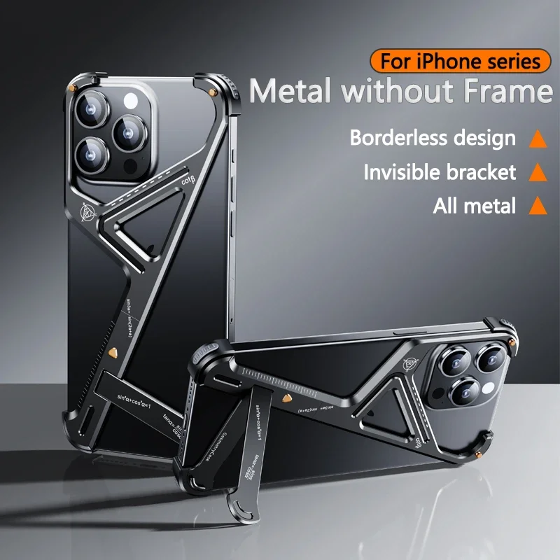 

Luxury Metal Holder Phone Case For iPhone 16 13 14 15 Pro Max Plus Aluminum Alloy Frameless Irregular Removable Shockproof Cover