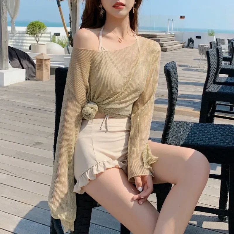 

Комплект бикини, женский сексуальный купальник с лямкой на шнуровке, трехсекционный плиссированный купальник с длинными рукавами и высокой талией, купальный праздничный пляжный костюм