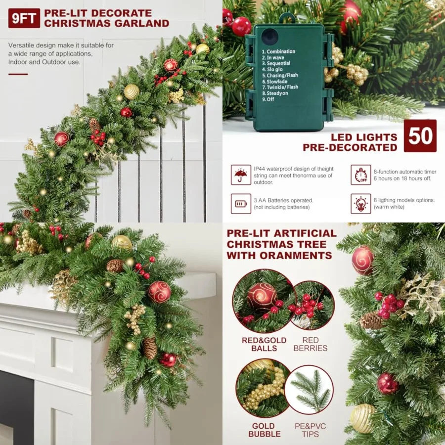 

Artificial Christma 9Feet Pre-Lit Garland with 50 LED Light,,Pine Cones, Nice Gold and Red Ball, Berris Mantle for Indoor Holid