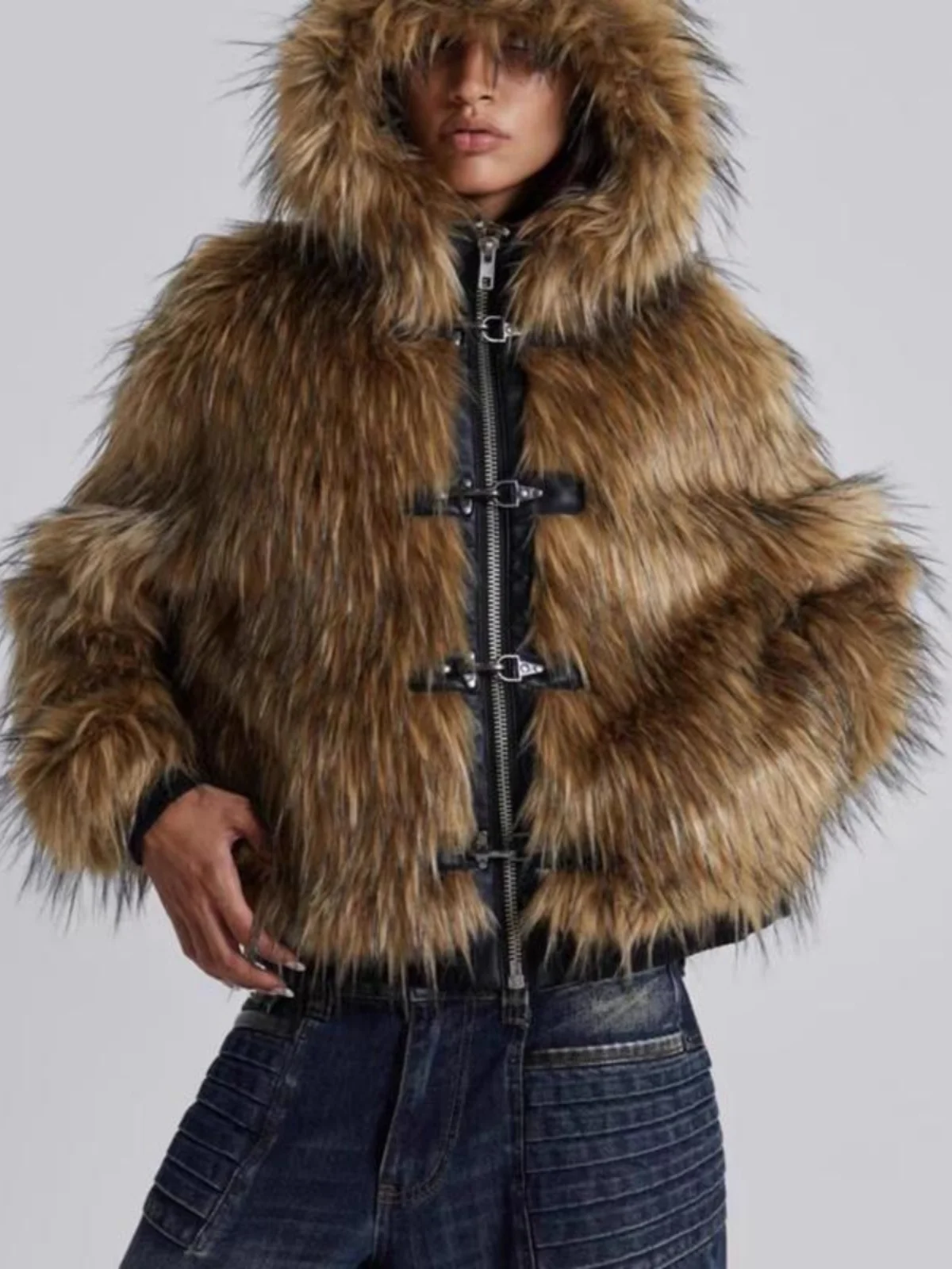 ort American Street Sle Jaet مع جلد أزرق الربط مع معطف طويل من فرو البلو معطف دافئ بقلنسوة من الفرو الصناعي Jaet ملابس خارجية #5