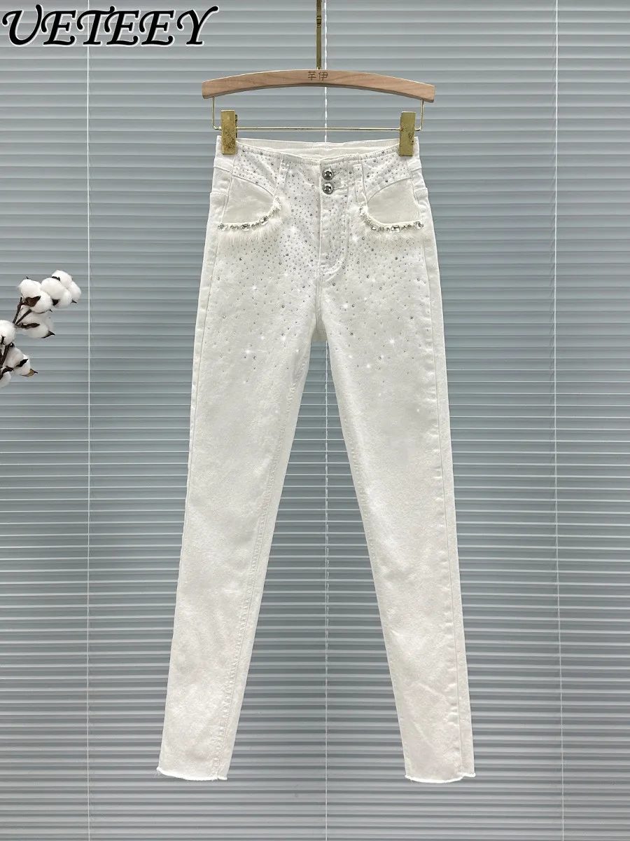 

Женские джинсы-карандаш 2026: Новинка весна-осень, с высокой талией, облегающие, универсальные, утепленные флисом, со стразами, укороченные (7/8)