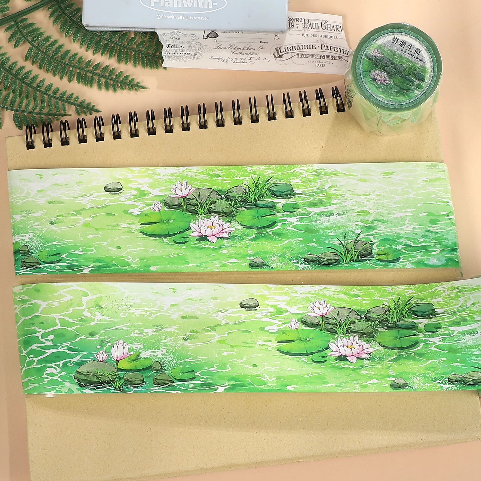 

55mm*5m Vintage Pond Lotus Fish Landscape PET Tape Creative DIY Journal Material Collage Scrapbooking Stationery