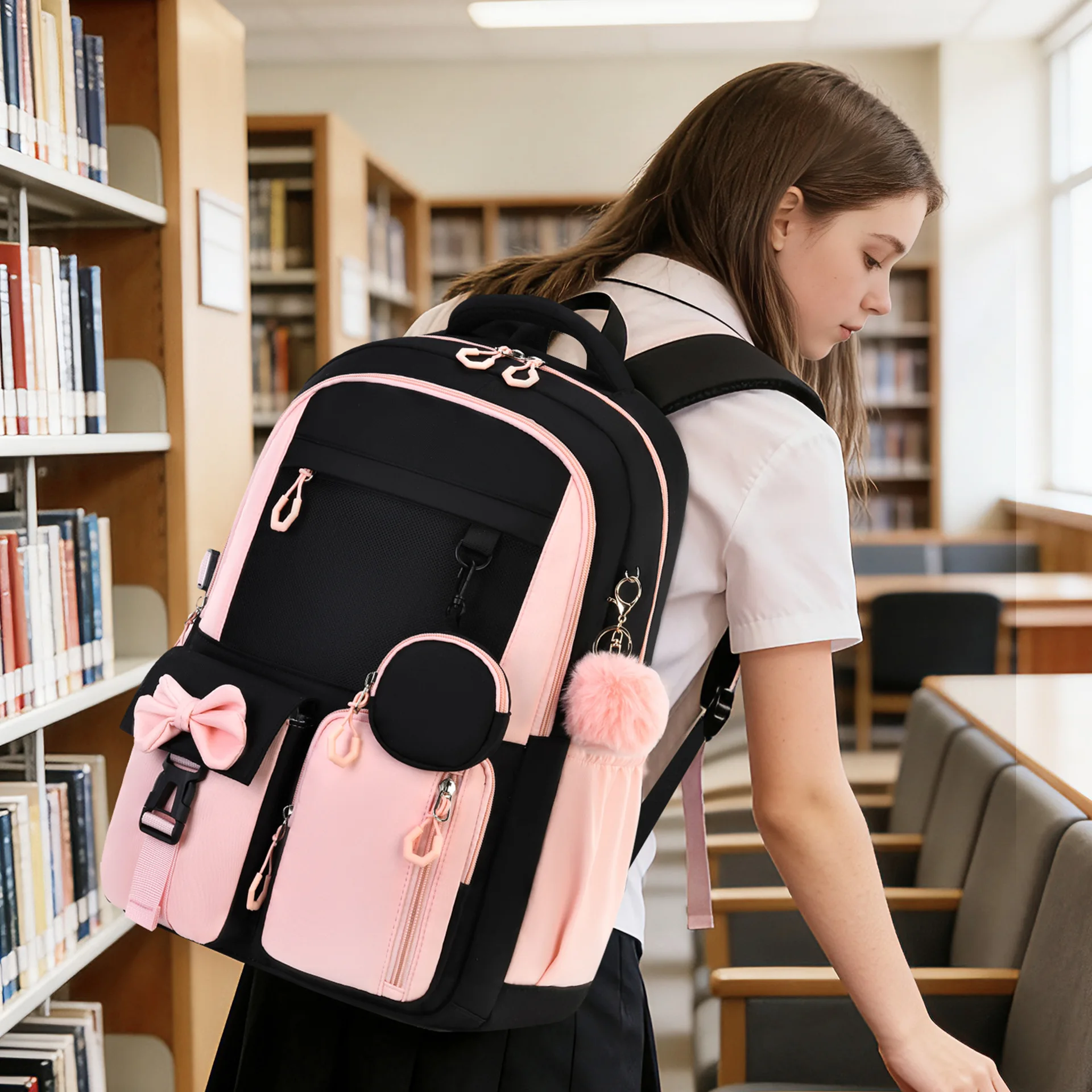 Elementary School Bag Multi-Pocket Girls School Backpack Spine Backpack Waterproof Bow Schoolbags Set For Outdoor Travel Daily
