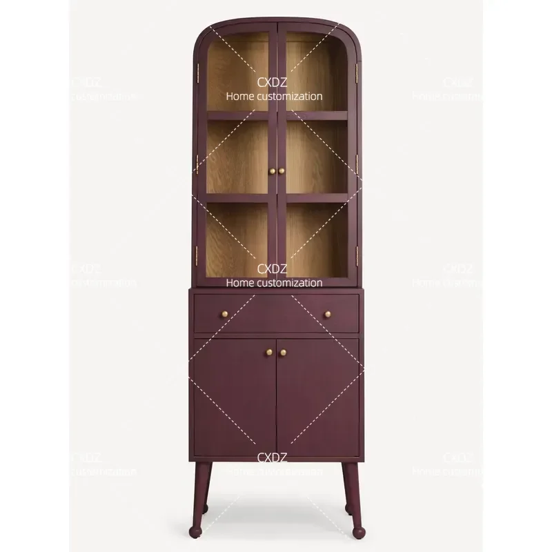 Retro Burgundy Curved Glass Display Side Cabinet Solid Wood High Leg with Drawer Living Room Storage Locker