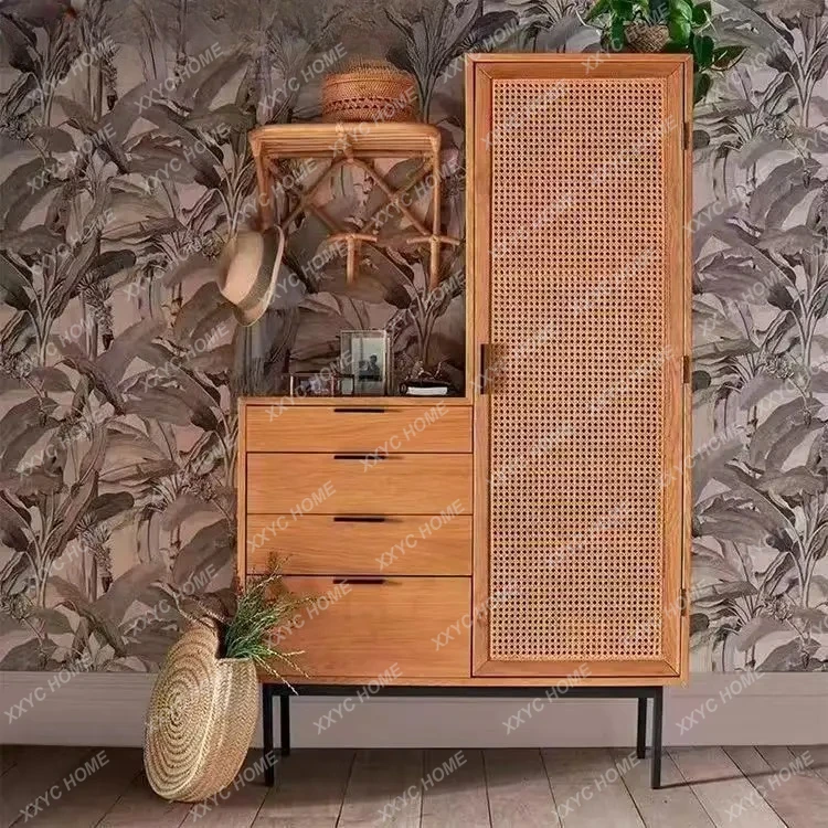 

Шкаф для одежды LXRetro в японском стиле из ротанга и массива дерева, простой деревянный шкаф для спальни, односпальный.