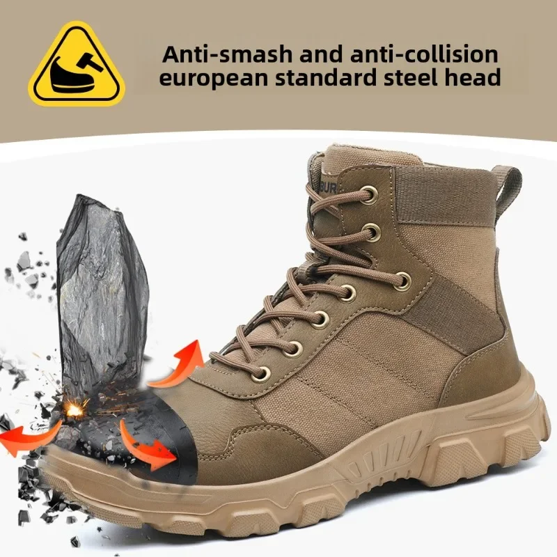 Men Durable Construction Steel Toe Anti Smash Puncture Proof Safety Boots High Top Non Slip Work Shoes European Standard for Men