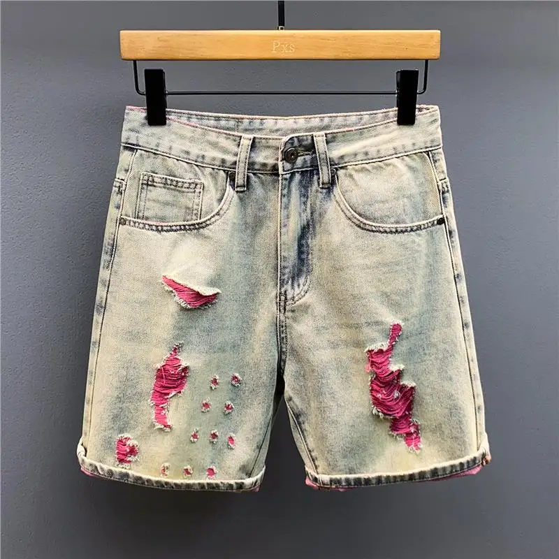Retro American Hole Denim Shorts Men's Summer High Street Loose Middle Pants High-End Feeling Casual Five-Point Pants
