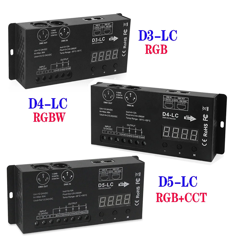 3CH/4CH/5CH DC12V-24V High Power Dmx Led Controller DMX 512 Decoder Dimmer Driver