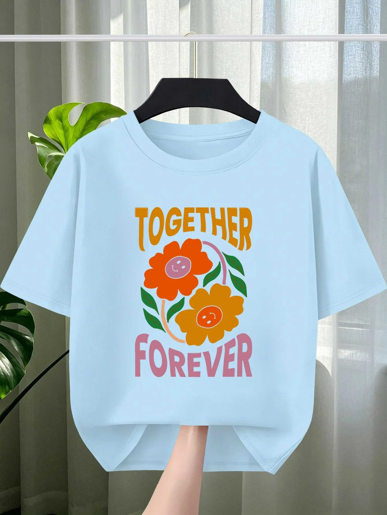 Together Forever Smiley Flower Print T Shirt Family Outfit Boy Girls Kids Short Sleeve Casual Floral Pattern Children Daily Tees