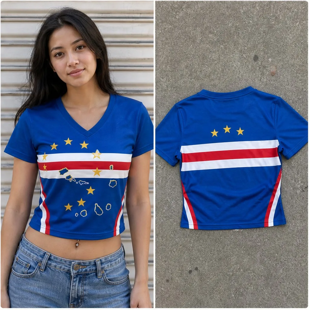 Womens Cape Verde V Neck Short Sleeve Crop Top Island Map Star Stripe Print New Casual Summer Shirt for Street Travel Daily Wear