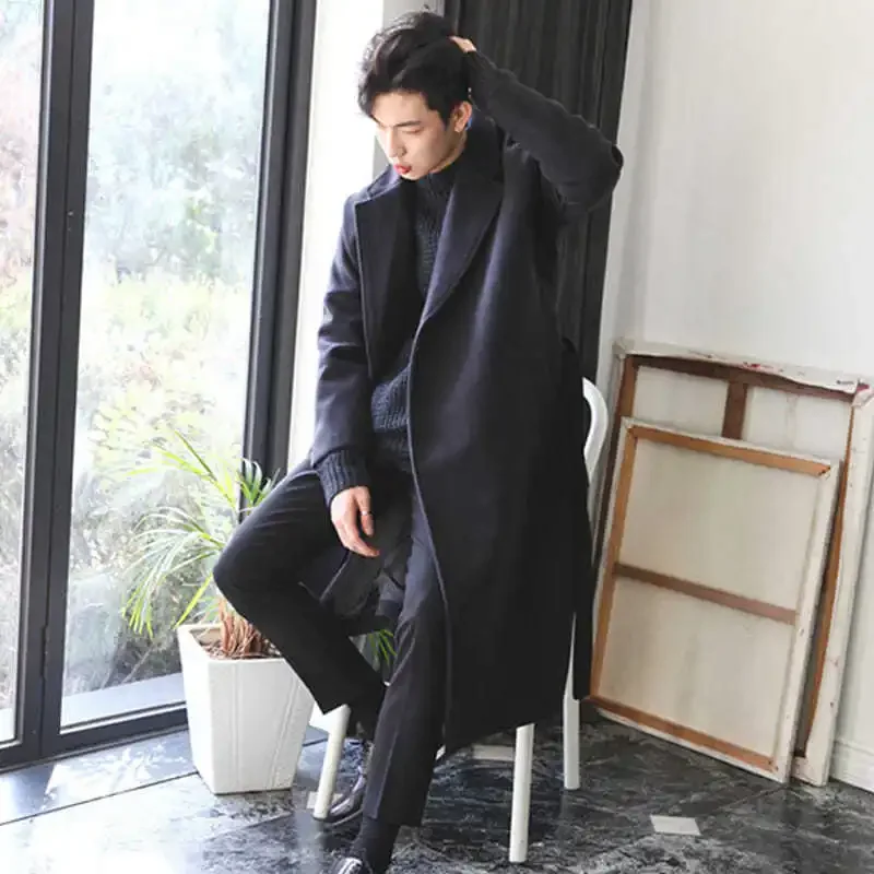 2024 new woolen coat men's winter long over the knee Korean version trendy thickened warm loose woolen trench coat