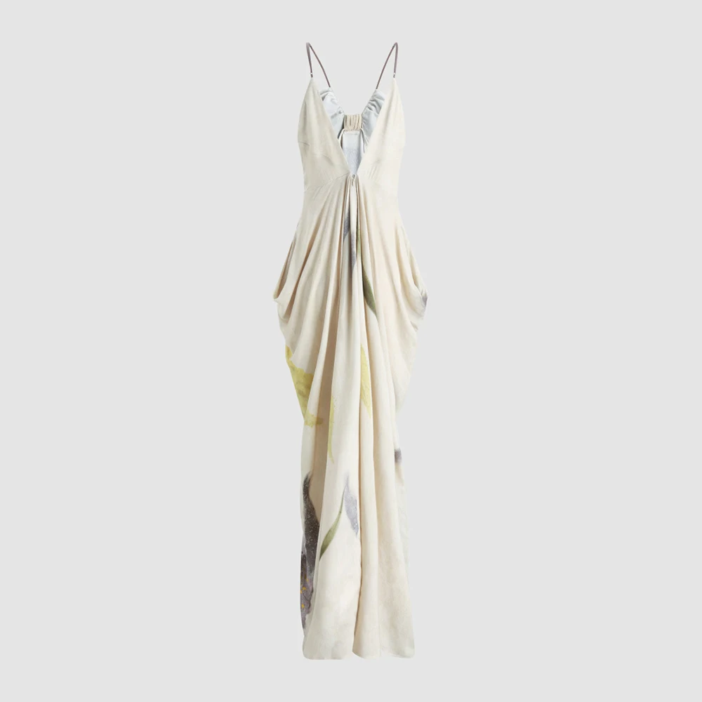 Women Elegant Slip Dress Floral Watercolor Print Spaghetti Strap Sleeveless Long Dress Holiday Evening Party Floor‑Length Dress