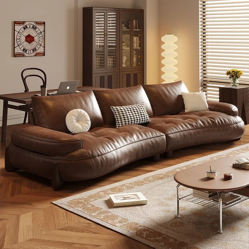 ！@Vintage Brown Leather Convertible 3-Seater Sofa Set Competitive Price Home Furniture Sponge Lazy Couch Living