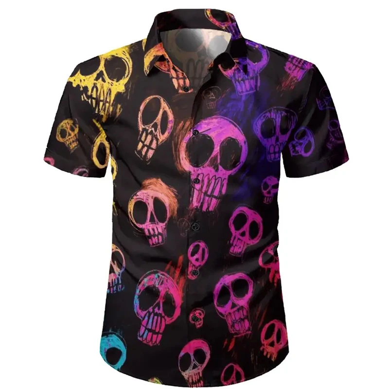 

2024 New Fashion Skull Shirts Summer Men Women Vintage Casual Daily Short Sleeve Blouse Street Oversized Loose Blouse Lapel Male