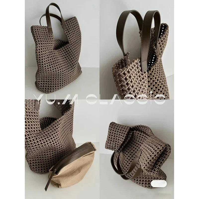 Bolso tejido de cuero de vaca para mujer, bolsa de gran capacidad, estilo Retro, a la moda, bonito, para axilas, novedad de 2024