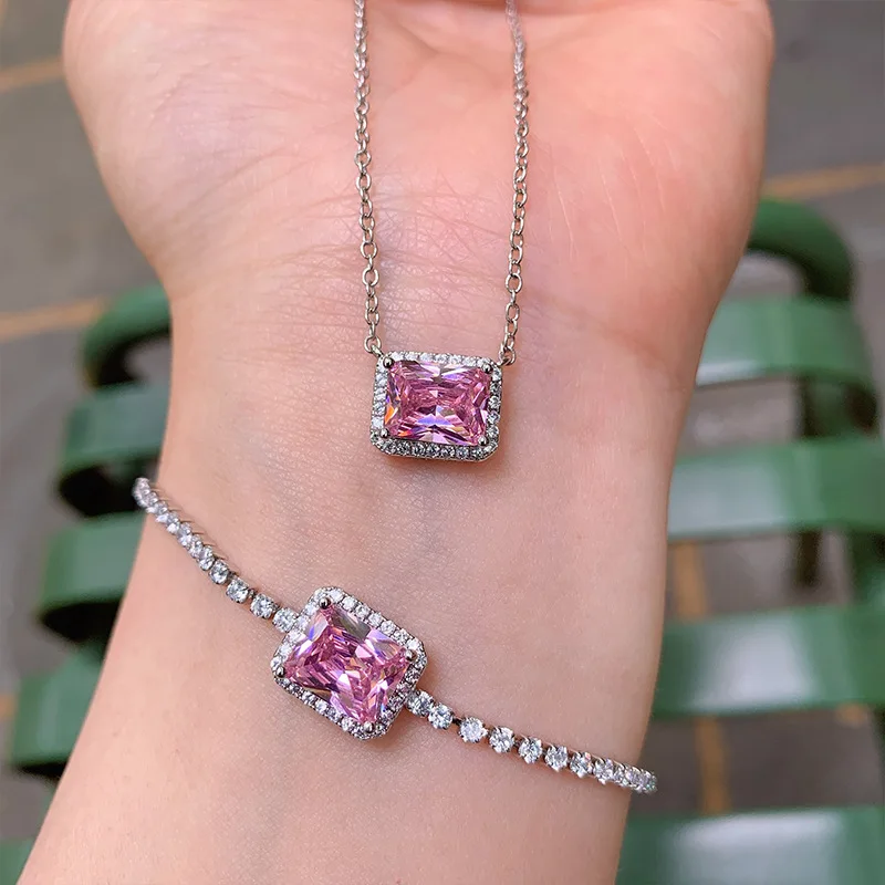 

Minimalist Small Square Pink Zircon Bracelet for Women Elegant Yellow Diamond Necklace for Women Jewelry Set