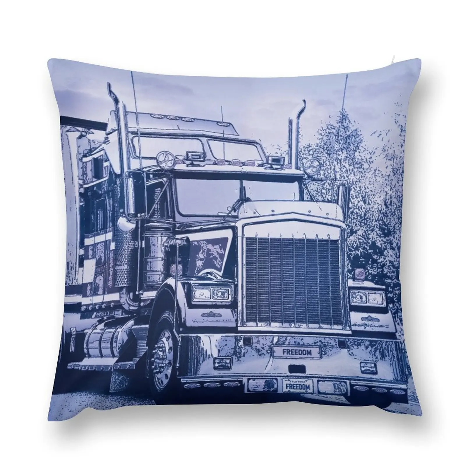 Classic American Semi Trailer Truck Trucking Digital Art in Blue Throw Pillow Cusions Cover Sofa Cushion Cover pillow