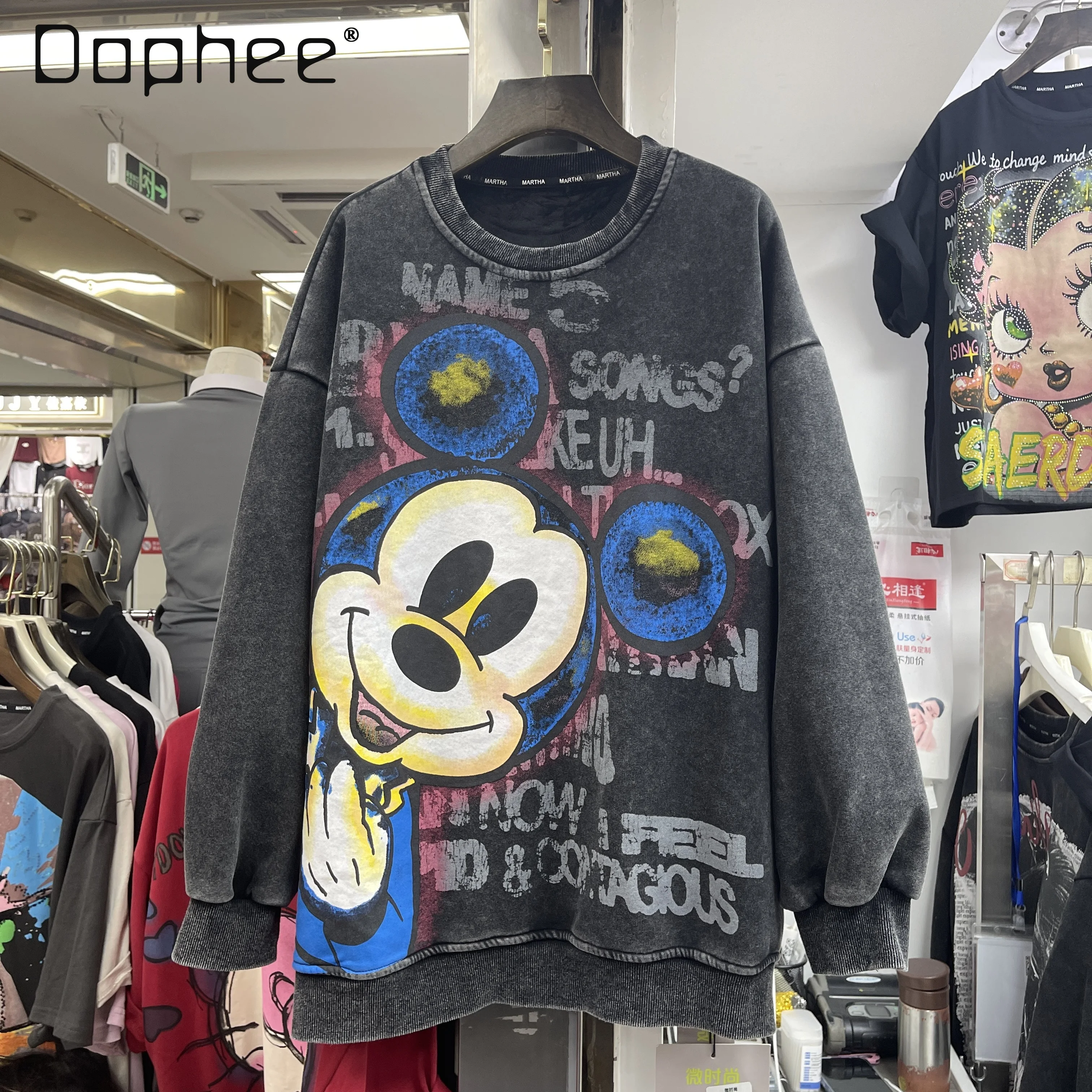 

Black Gray Cartoon Sweatshirt Trendy Autumn Winter New Fleece Heavy Wash Letter Fashion Print Loose Round Neck Sweatshirt Top