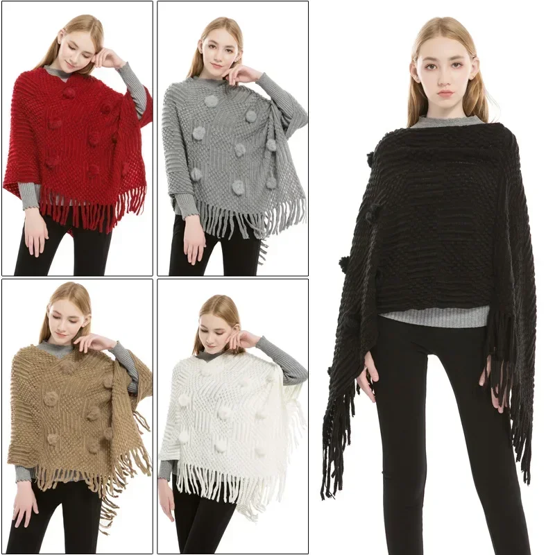 Poncho Hoody Sweater Tassels Scarf Women Knitted Cape Shawl Wrap Cloak Ethnic Hooded