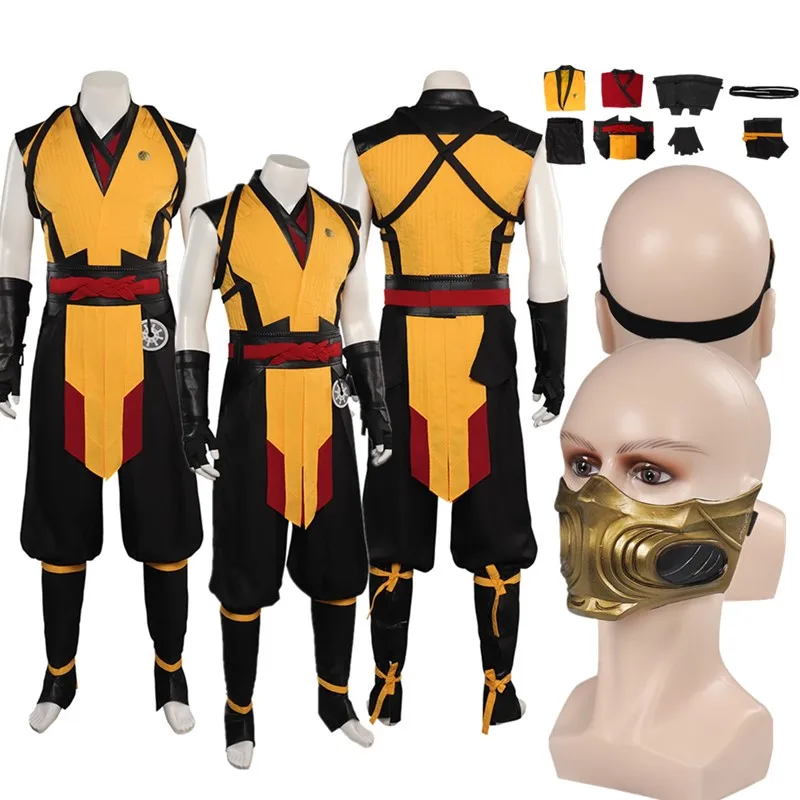 

Mortal Disguise Kombat Scorpion Cosplay Costume Men Fantasia Role Play Vest Pants Belt Outfits Halloween Carnival Party Suit