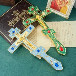 HTISOK Orthodox Church Altar cross Jeusu Crucifix Cross with Enamel Handhold Cross with Base Religious Gift & Church Home Decor