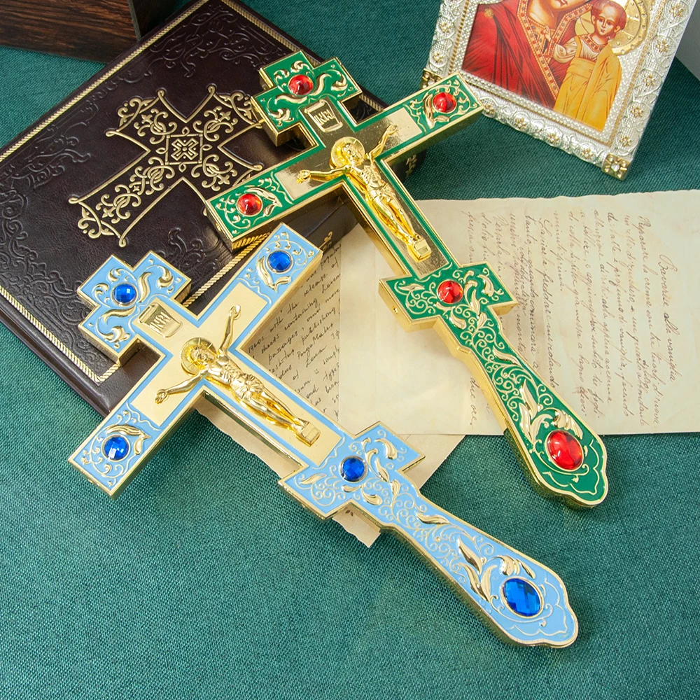 HT Orthodox Church Supplies Religious Gift Gold Color Handhold Cross Pray Blessing Altar cross With Stand Church Decor