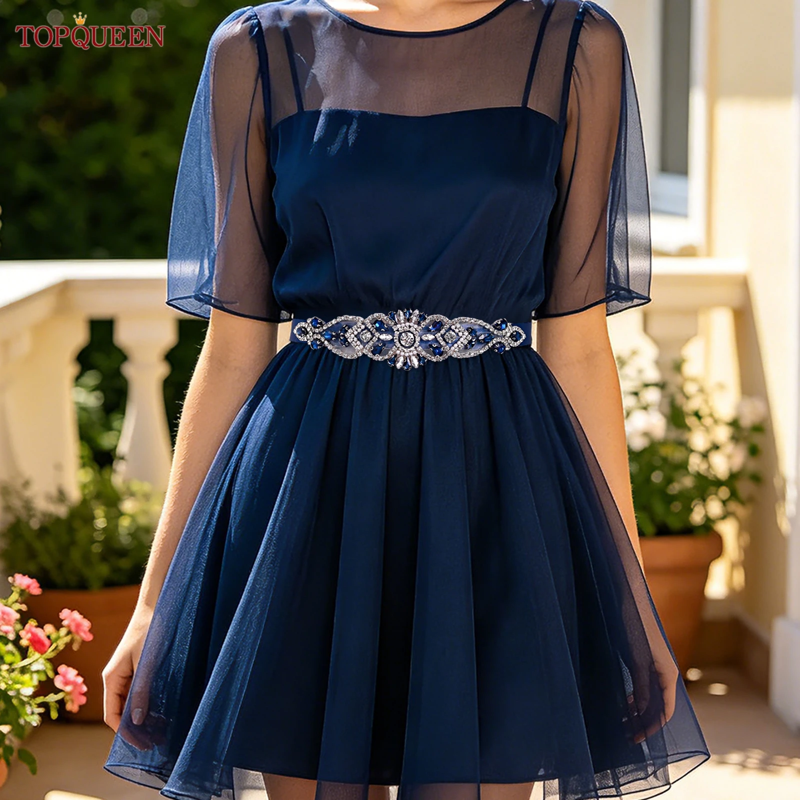 TOPQUEEN Handgefertigter Hochzeitsgürtel, Taillenschmuck für Damen, marineblaue Strass-Brautgürtel, Dekoration für Abschlussball- und Partykleider