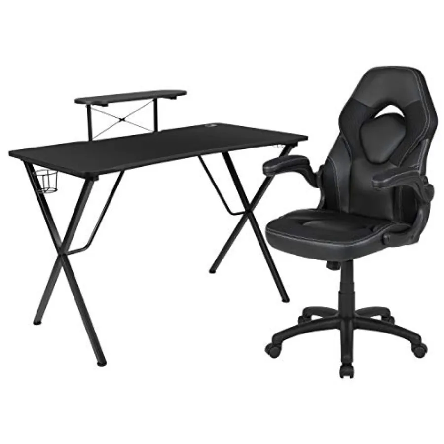 

Gaming Desk and Racing Chair Set: Steel Frame, Black, Ergonomic Design with Cup Holder, Headphone Hook, Monitor/Smartphone Stan