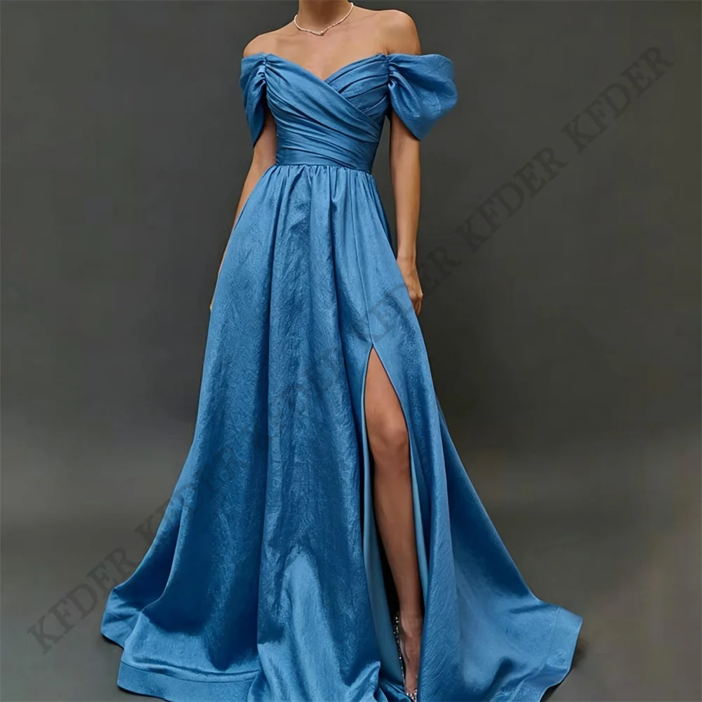 Blue Side Slit Prom Evening Dresses Arabia Off Shoulder Satin Party Dress Women Night Long A Line Prom Gowns Customized