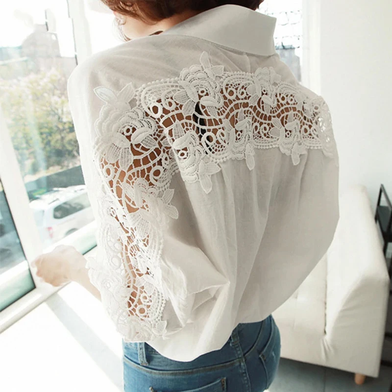 Fashion Sexy Cotton Lace White Shirts Turn-down Collar Women Embroidery Floral Blouse Hollow Female Shirt Loose Casual Tops 1310