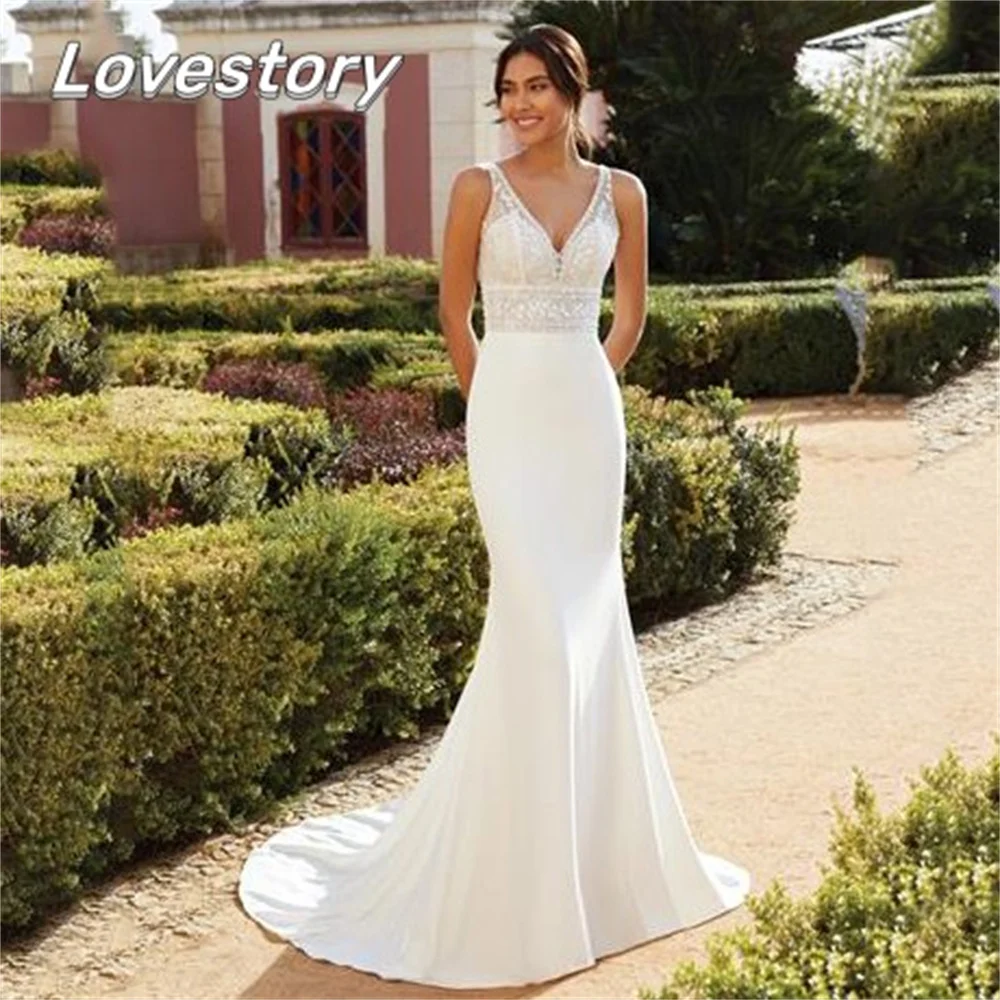 Simple Graceful Mermaid Wedding Dresses Sleeveless Bride Robe V-Neck Satin Lace Bridal Gowns Buttons Backless Vestidos De Noiva