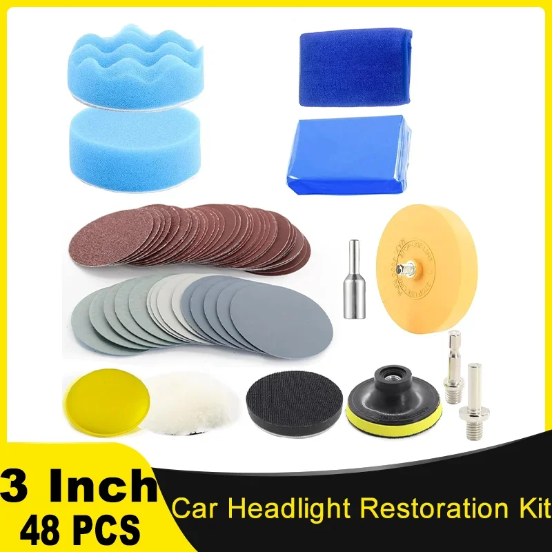 

3-дюймовый комплект для восстановления автомобильных фар, 48 шт., различная зернистость 40-7000 с интерфейсной подушкой и клейкой ластиком для автомобильной промышленности