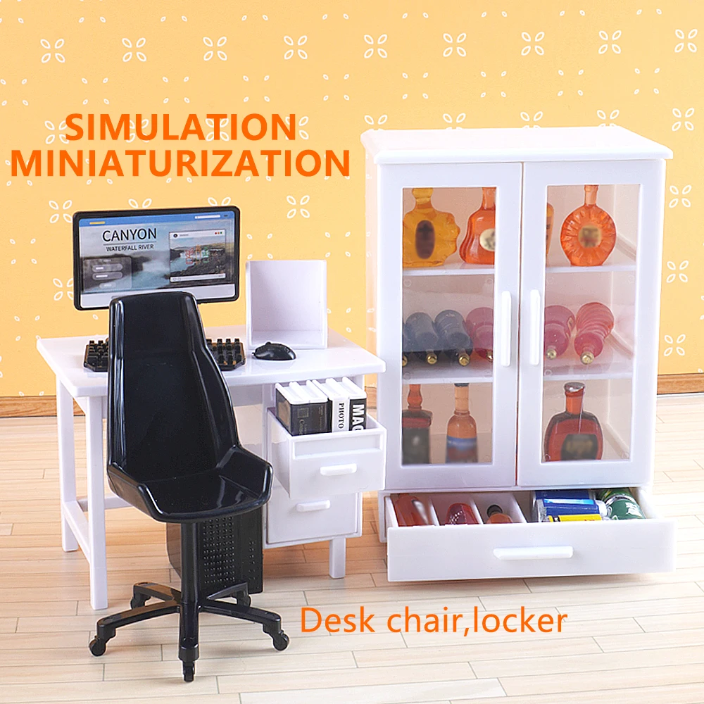 1:12 ドールハウスミニチュアオフィス家具セットシミュレーションコンピュータデスクモデル本棚ドールハウス装飾アクセサリー