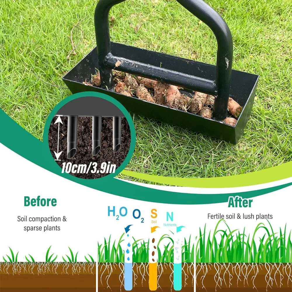 Lawn Aerator, Core Aerator with Soil Core Storage Tray, Manual Grass Aerator with 3 Tine, Coring Aerator Lawn Tool Plug Aerators