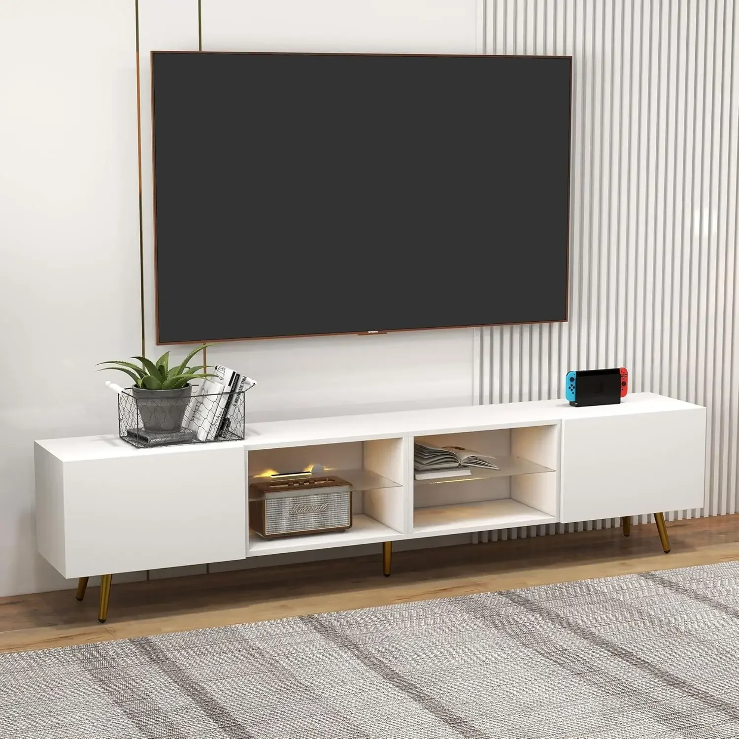 Soporte para TV LED de 86", centro de entretenimiento moderno, TV de hasta 90", mesa consola para televisión con gabinetes de almacenamiento para sala de estar, blanco