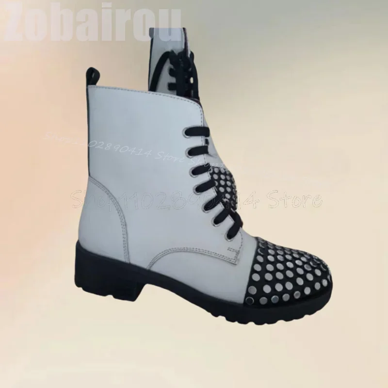 Rivets Decor White Cross Tied Round Toe Boots Fashion Side Zipper Men Boots Luxury Handmade Party Banquet Office Men Dress Shoes