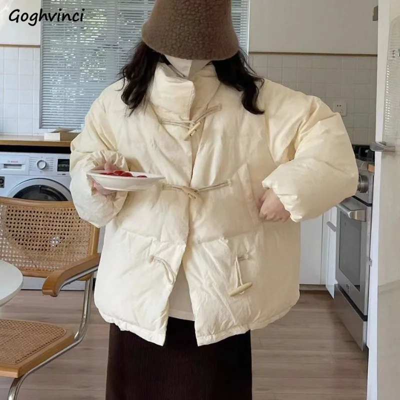 

Parkas Women Preppy Style Horn Buckle Gentle Stylish Outwear Korean Fashion Students Winter Daily Popular Trendy Classic Ulzzang