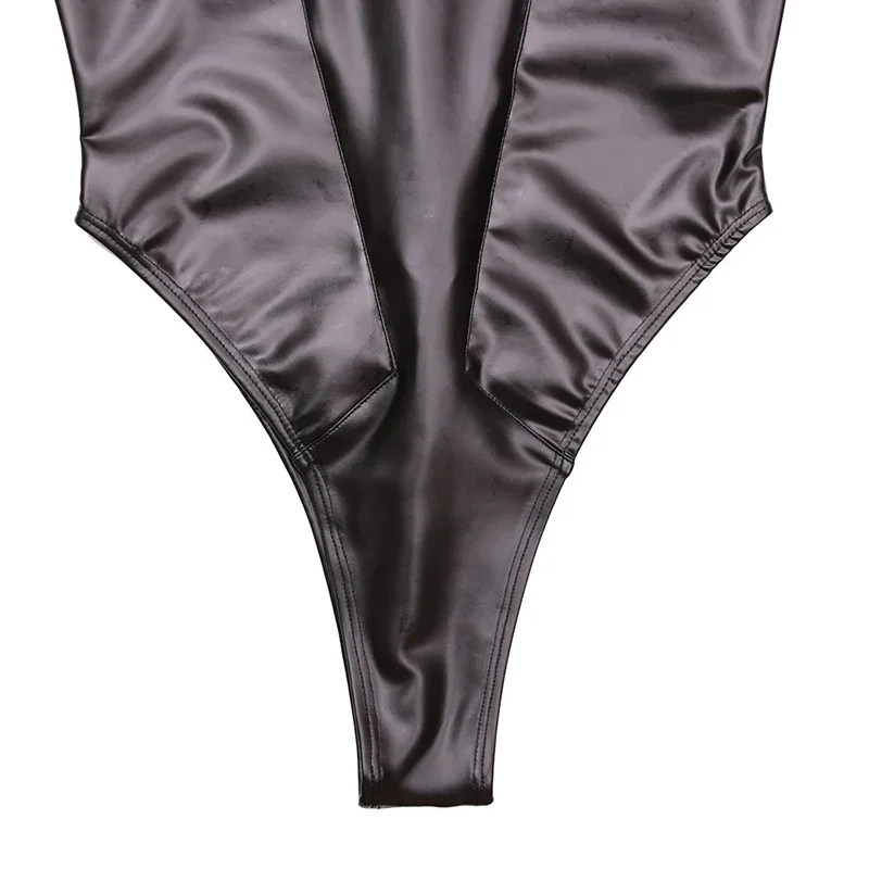 Women Sexy PU Leather Bodysuits Sleeveless Mesh Stitching Faux Latex Bodycon Jumpsuits Ladies Nightclub Cosplay Rompers Custom