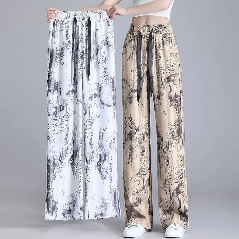 Fashion Chinese Style New Summer Pants Women's Printing Elastic Waist Drawstring Tie Dye Ice Silk Casual Loose Wide Leg Trousers