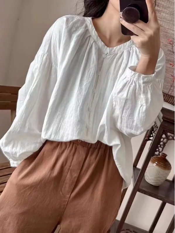 

Simple Design White Long Sleeve Bubble Sleeve Shirt Women's Spring New Style Fashion Top Casual Loose Fit round Neck Shirt