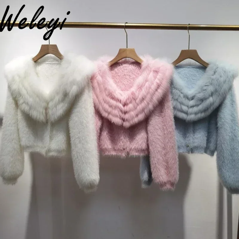 High-end Women\'s Warm Pink Furry Knitted Sweater Jacket Autumn Clothes 2024 New Korean Fashion Long Sleeve Short Fur Coat Trendy