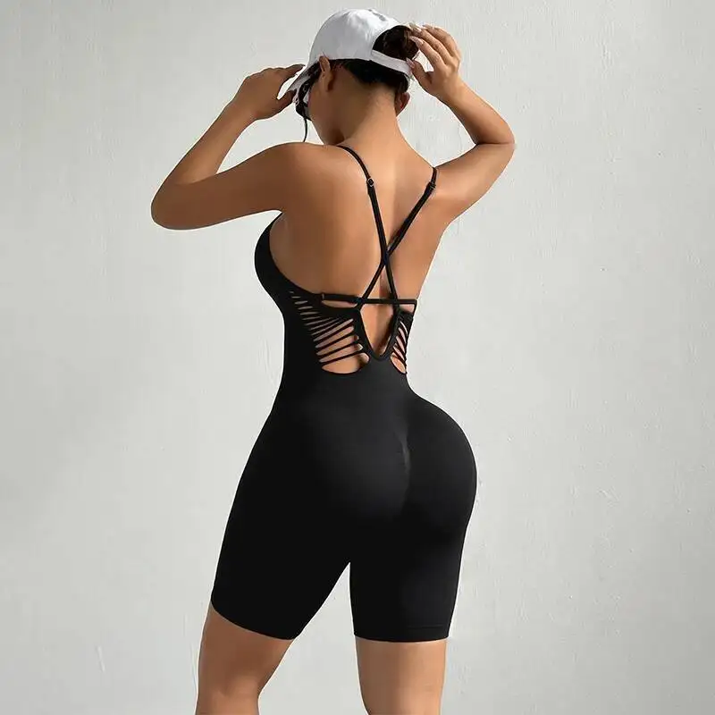 

Сексуальный спортивный комбинезон в рубчик с v-образным вырезом, модный бесшовный цельный комбинезон для йоги, однотонный однотонный короткий комбинезон с подтяжкой ягодиц, новый