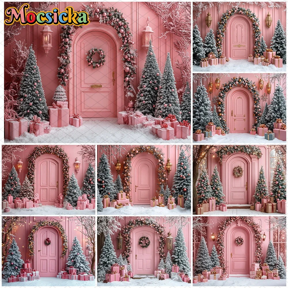 

Mocsicka Pink Christmas Photography Backdrop Winter Snow New Year Party Tree Door Decorations Photo Backgrounds Studio Wallpaper