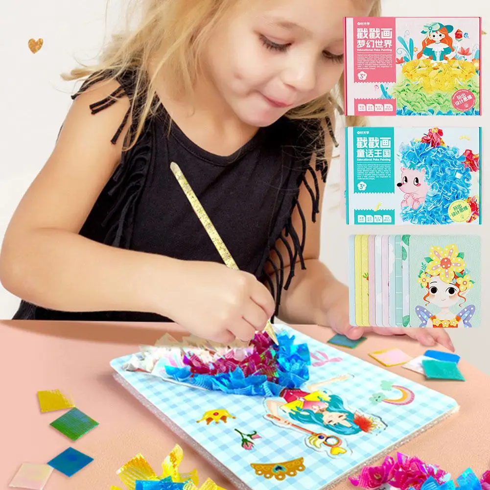 Children Fabric Poking Art DIY Puzzle Puncture Painting Kit Craft Toys Princess Poke Board Sticker Birthday Gifts Set For Girl