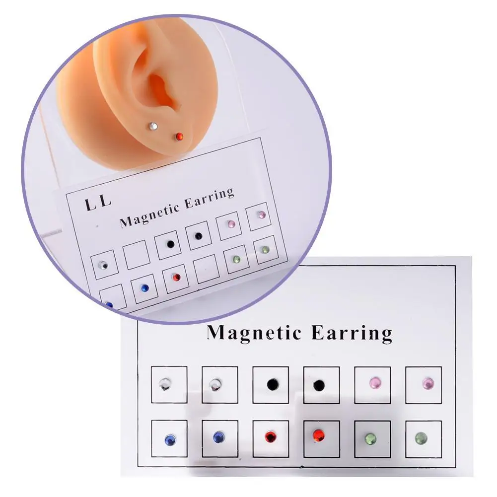 12pcs/Card Crystal Magnetic Non Pierced Stud Earrings Body Ear Nose Fake Piercing No Hole Nose Tongue Nails Lip Studs Jewelry