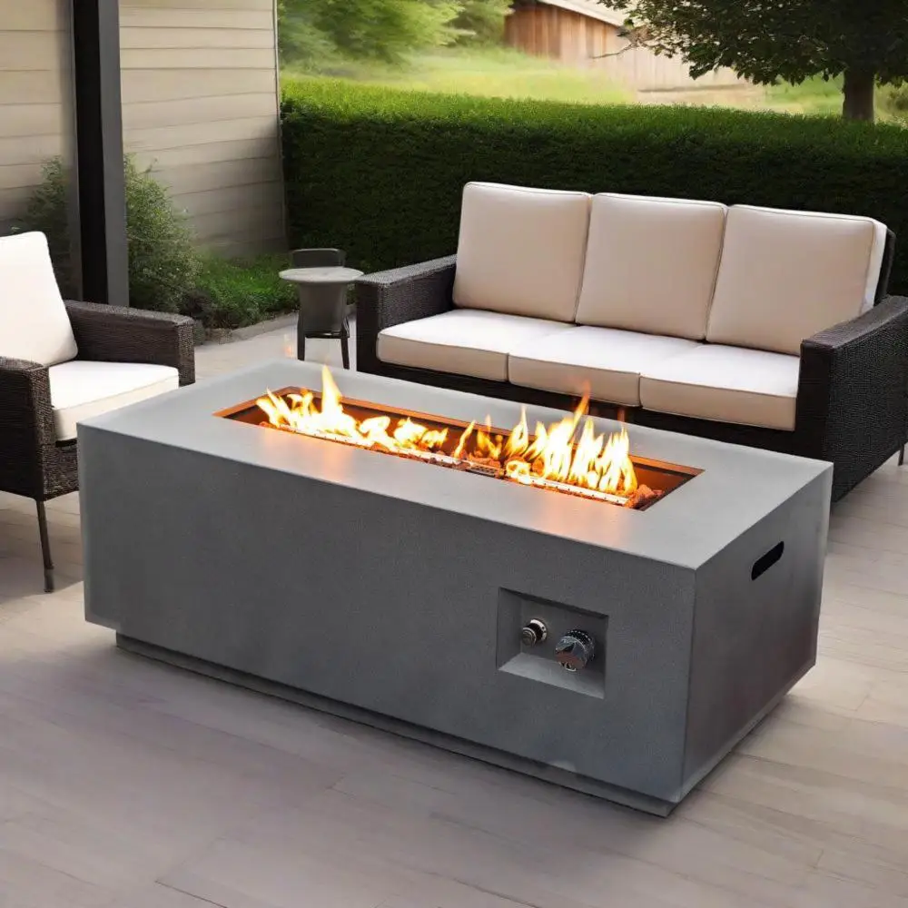 

42 inch Propane Gas Fire Pit Table 50000 BTU Rectangular Steel Glass Wind Guard for Patio Deck Garden Courtyard with Lava Rocks