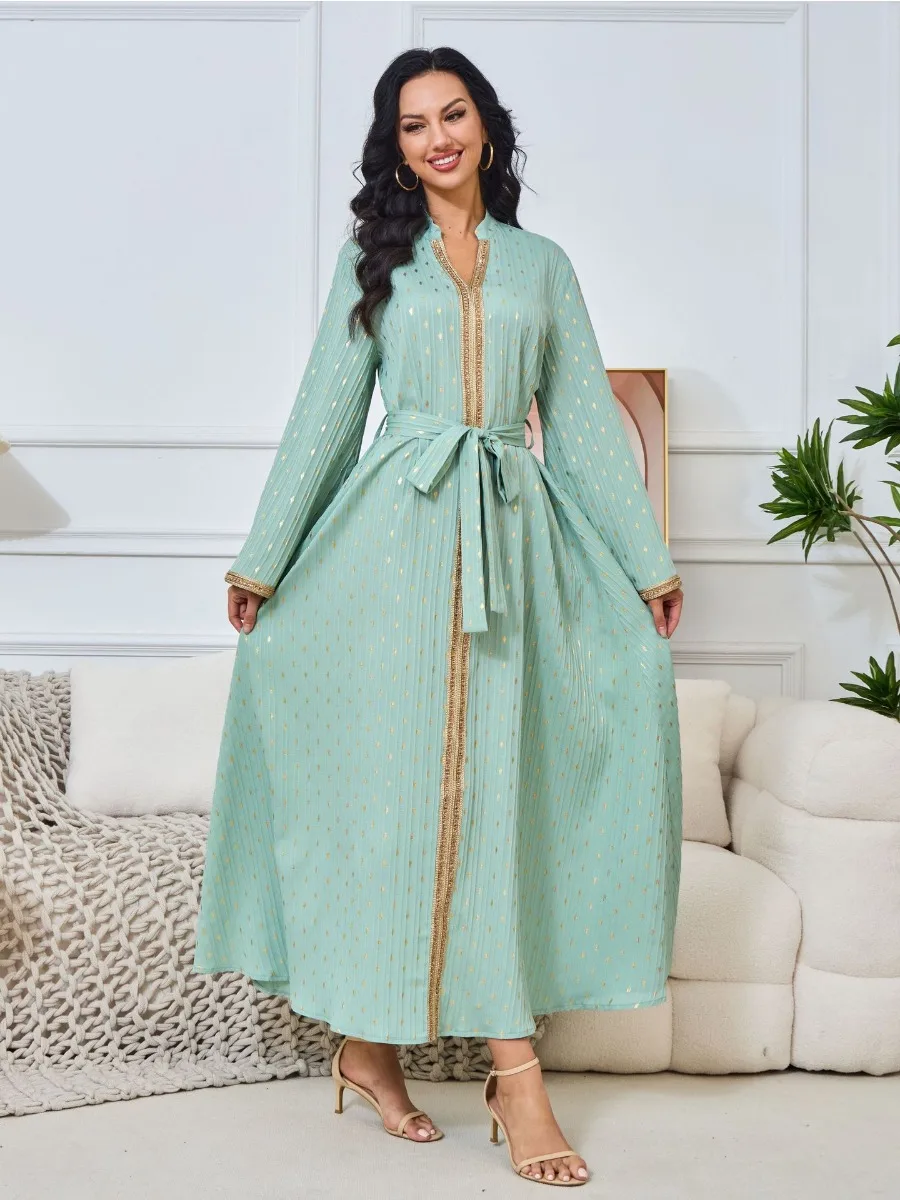 Eid V Neck Diamond Muslim Party Dress for Women Jalabiya Abaya Ramadan Long Dresses Woman Kimono Robe Caftan Vestidos 2024