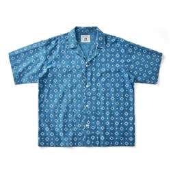 Camisa con estampado índigo Vintage para hombre, novedad de verano, camisa de manga corta con solapa cubana teñida en azul, camisa de una botonadura, cárdigan informal de algodón, Tops