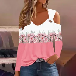 2024 Jesienna koszulka z długim rękawem dla kobiet Casual Hollow Out Tshirt Woman Tops Floral Print Sexy Off Shoulder T Shirt Top Femme